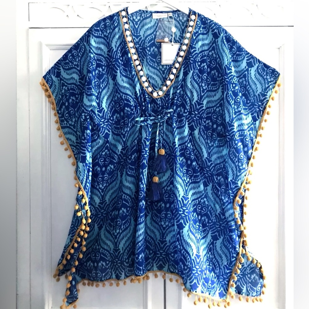 NWT Boutique Cover-Up Embellished Beaded V-Neck Cobalt ONE SIZE OS Kaftan Dress
